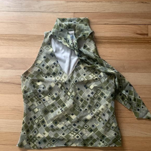 Summer V-Neck Halter Top Olive Green with Liner and Sash Tie -Medium - Picture 3 of 15